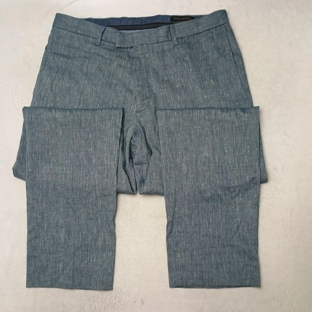 Banana Republic Pants Mens 32x30 Blue Chambray Linen Blend Dress Flat Front Work